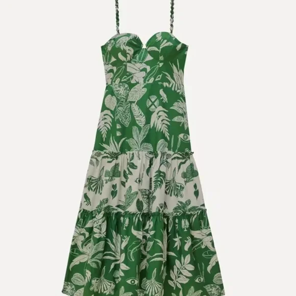 FARM Rio Forest Soul Mix Midi Dress Tropical Green White Tiered Size - Picture 2 of 4